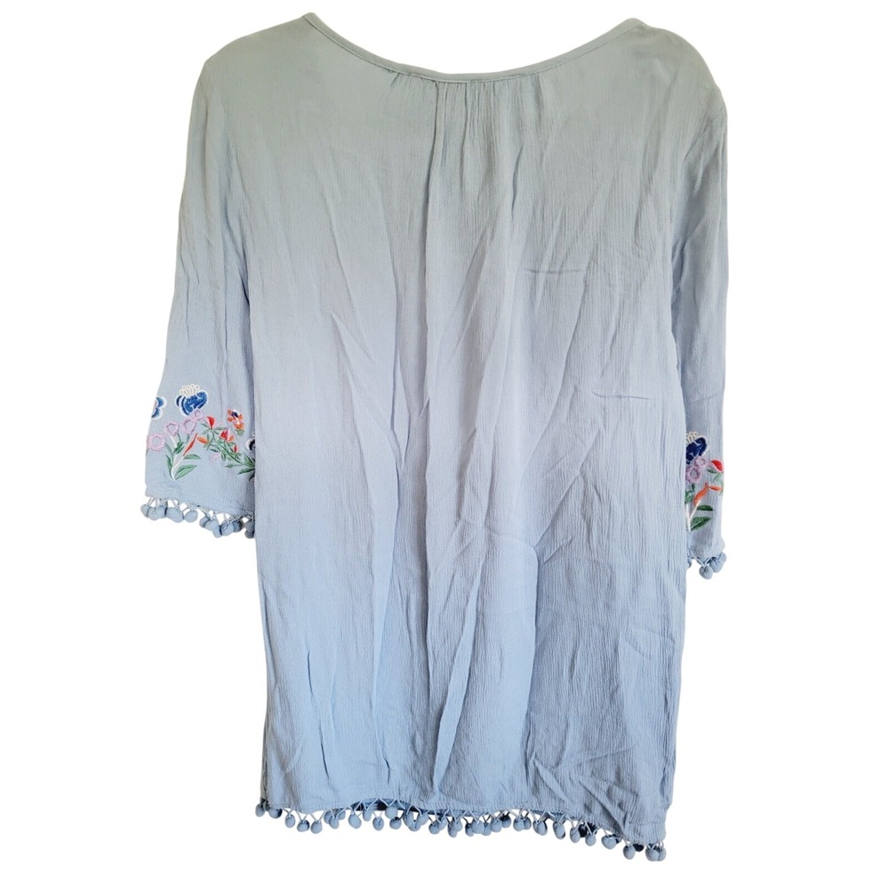 Umgee S Boho Floral Embroidered Pom Pom Trim Tunic Top Blue Small A3096 - Picture 4 of 13